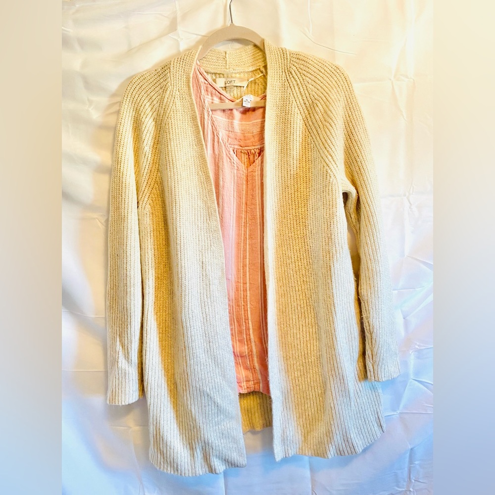 LOFT Plush Cream Ribbed Open-Front Cardigan